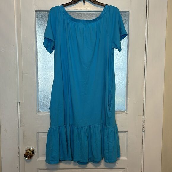 Lands End Women’s Teal Off Shoulder casual Dress with Bottom Ruffle Size Large - Picture 5 of 5